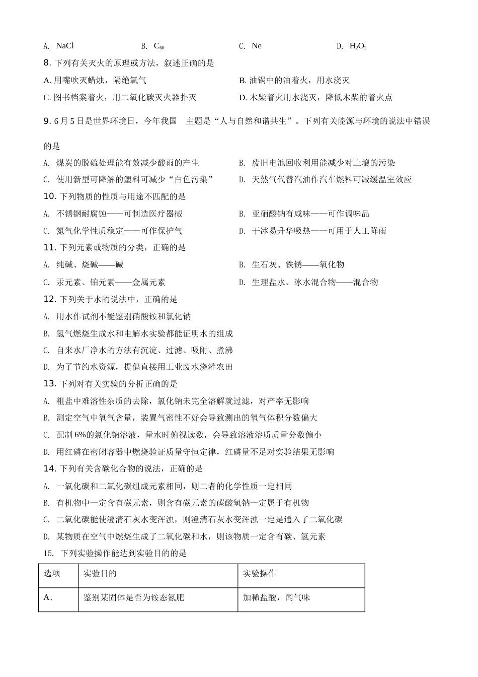 辽宁省本溪市辽阳市葫芦岛市2021年中考化学试题（原卷版）.doc_第2页