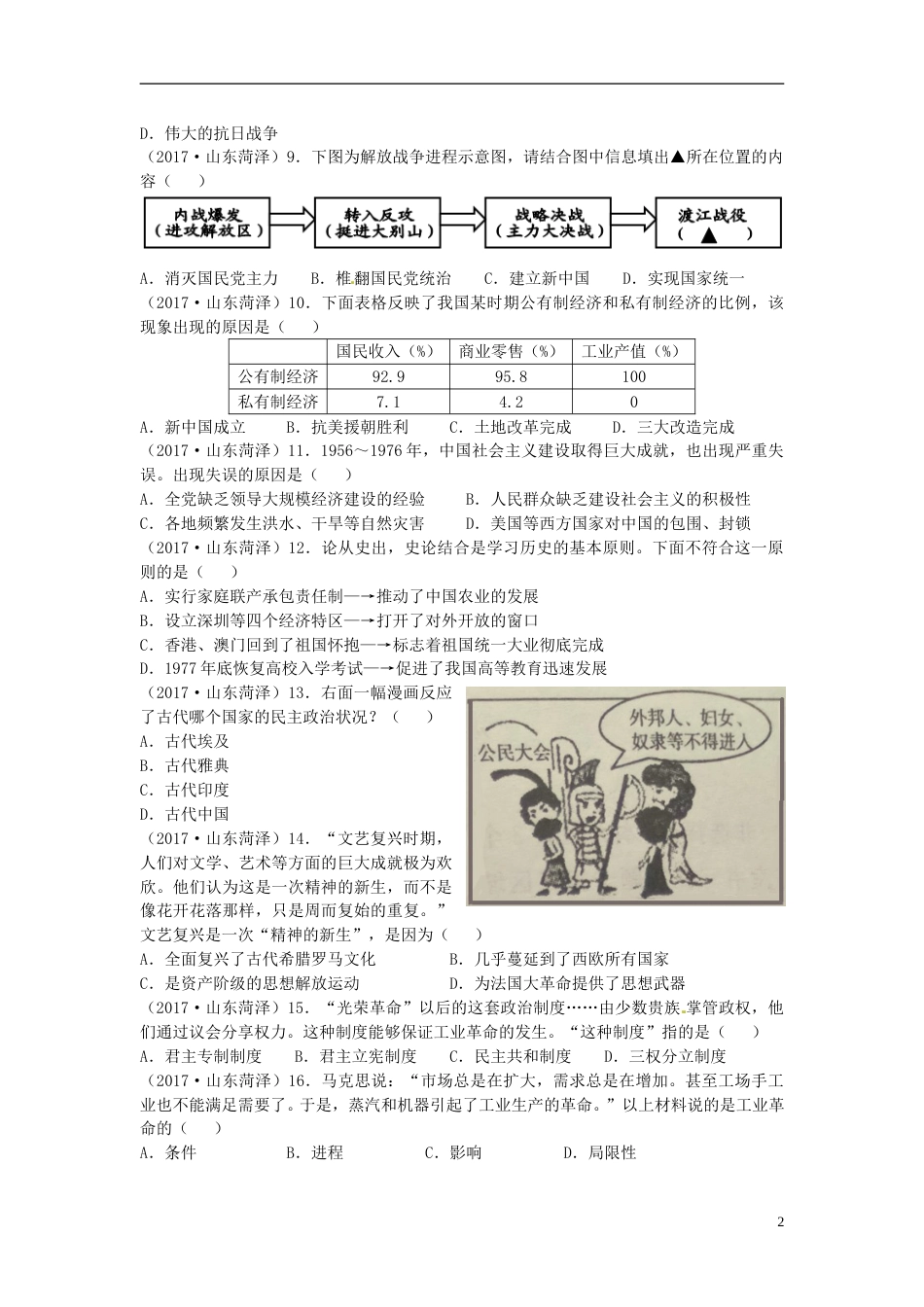山东省菏泽市2017年中考历史真题试题（含答案）.doc_第2页