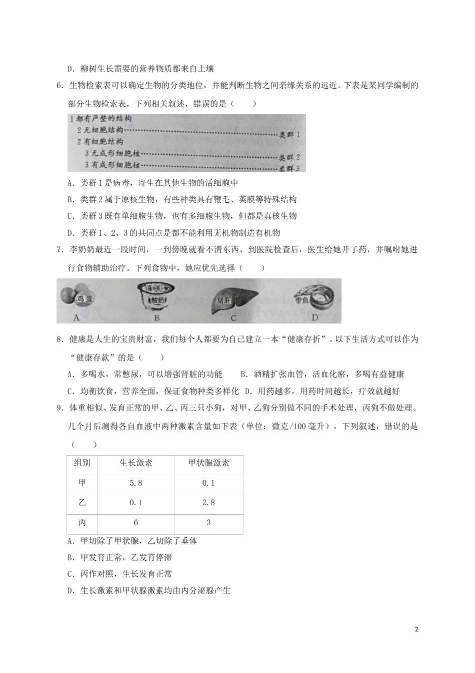 山东省东营市2019年中考生物真题试题.doc_第2页