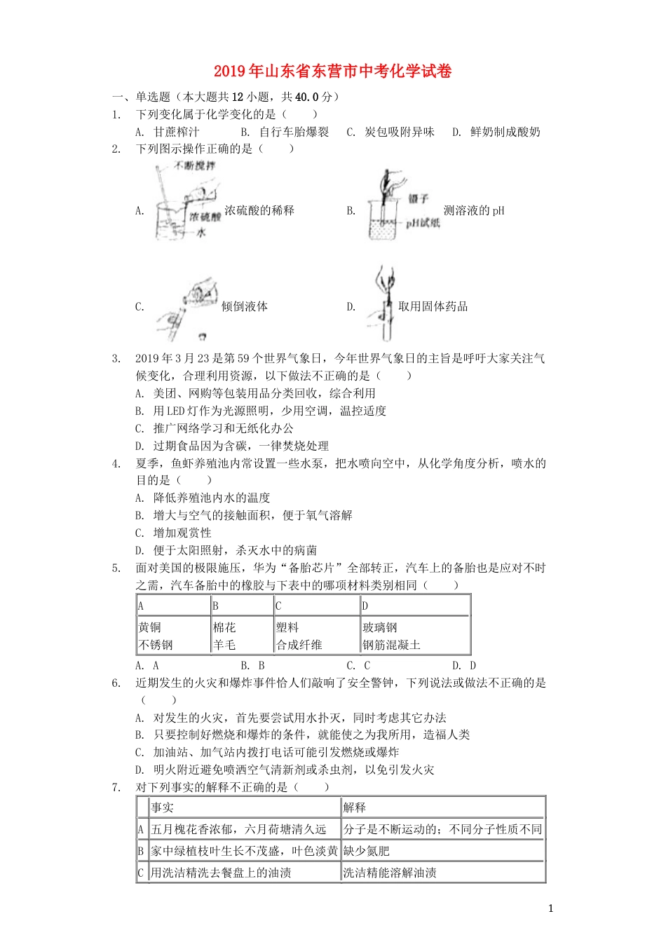山东省东营市2019年中考化学真题试题（含解析）.docx_第1页