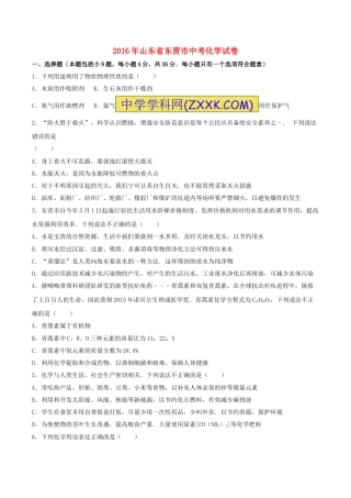 山东省东营市2016年中考化学真题试题（含解析）.DOC