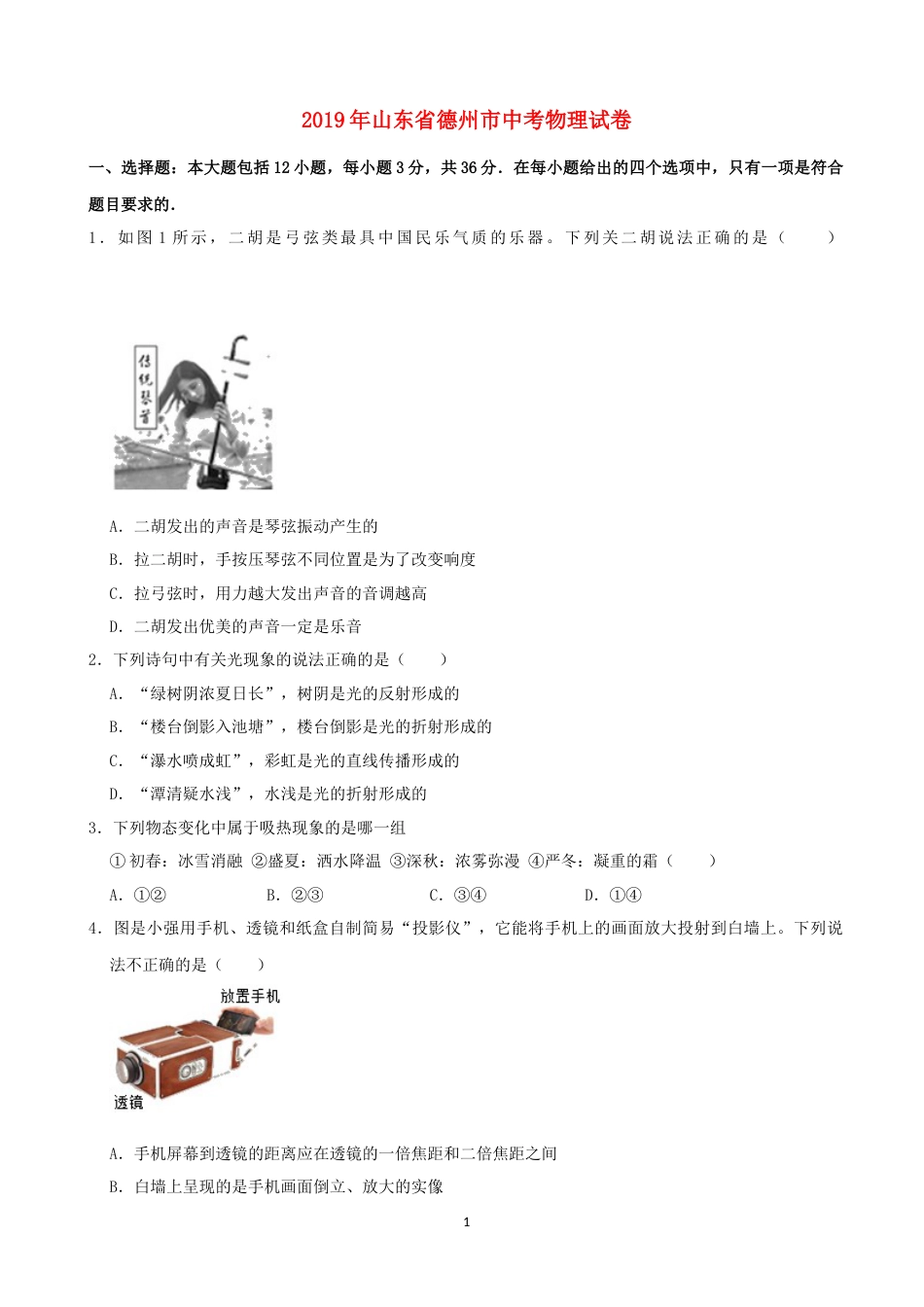 山东省德州市2019年中考物理真题试题（含解析）.docx_第1页