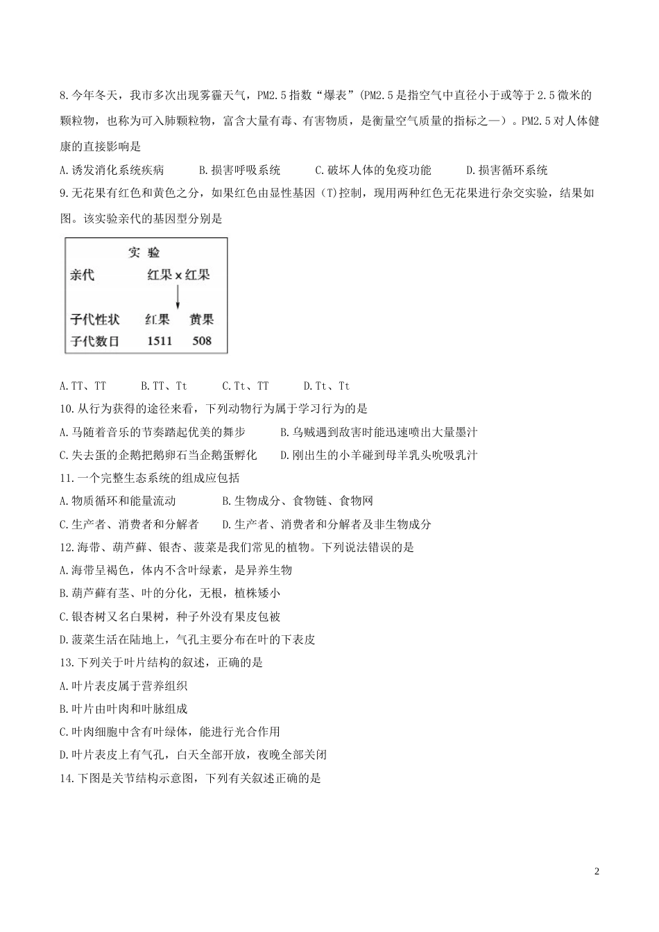 山东省德州市2017年中考生物真题试题（含答案）.doc_第2页