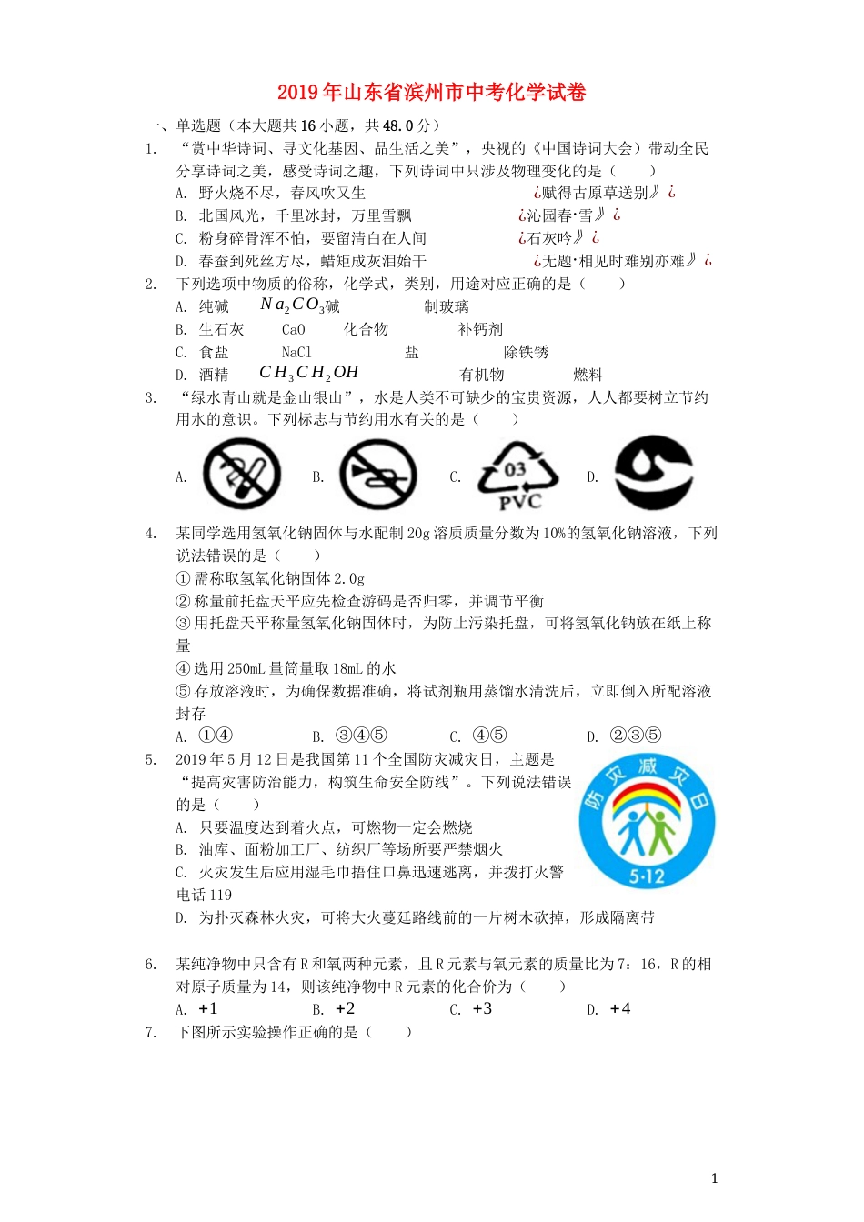 山东省滨州市2019年中考化学真题试题（含解析）.docx_第1页