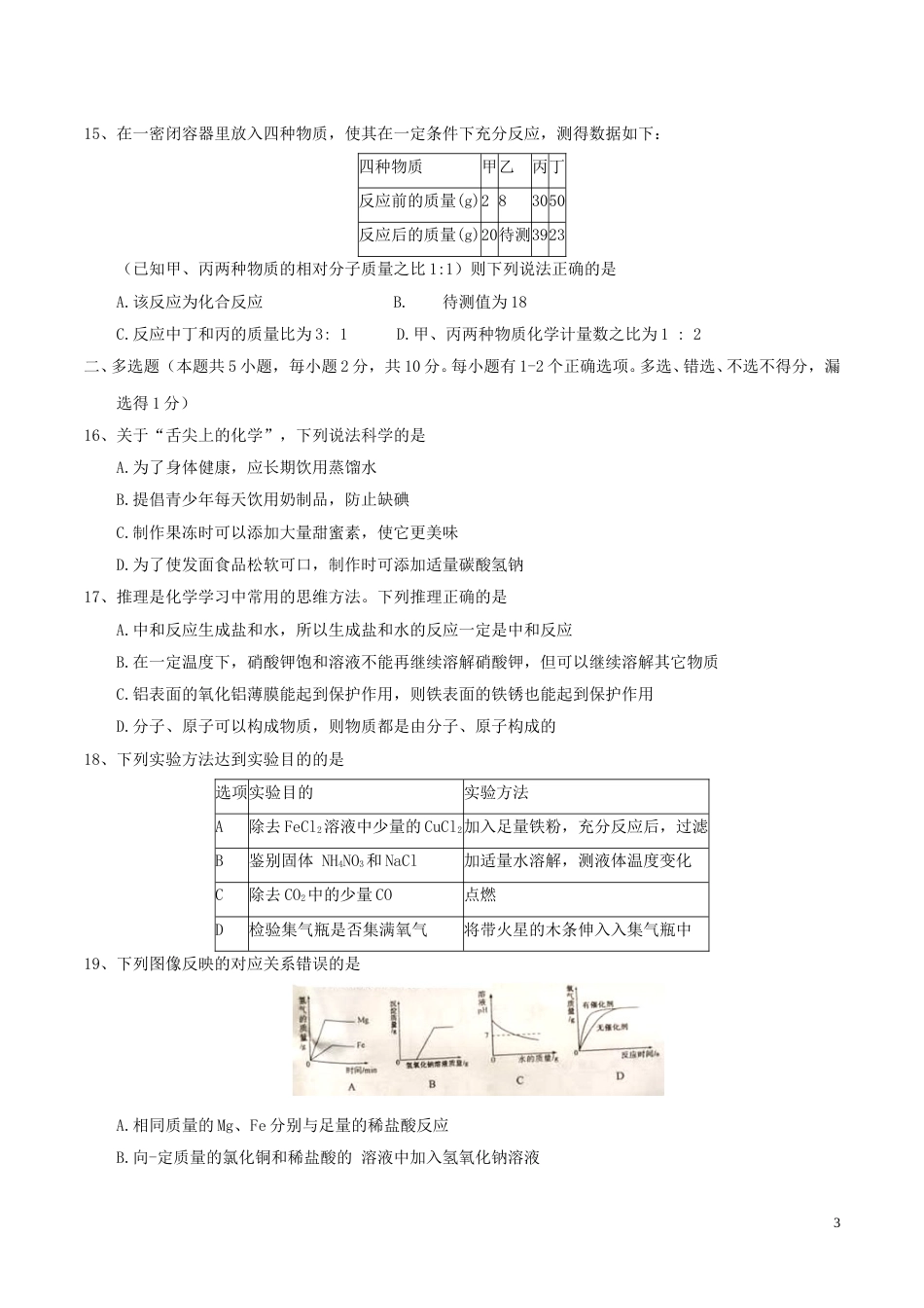 黑龙江省龙东地区2017年中考化学真题试题（含答案）.DOC_第3页