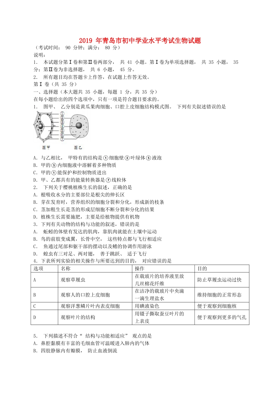 山东省青岛市2019年中考生物真题试题.doc_第1页