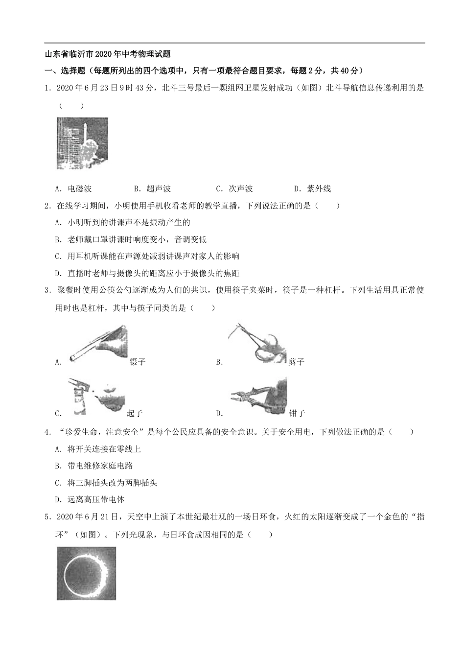山东省临沂市2020年中考物理试题（word版，含解析）.docx_第1页