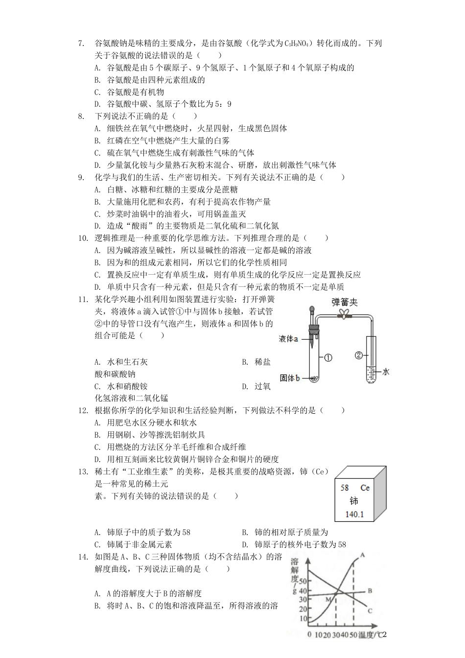 山东省临沂市2019年中考化学真题试题（含解析）.docx_第2页