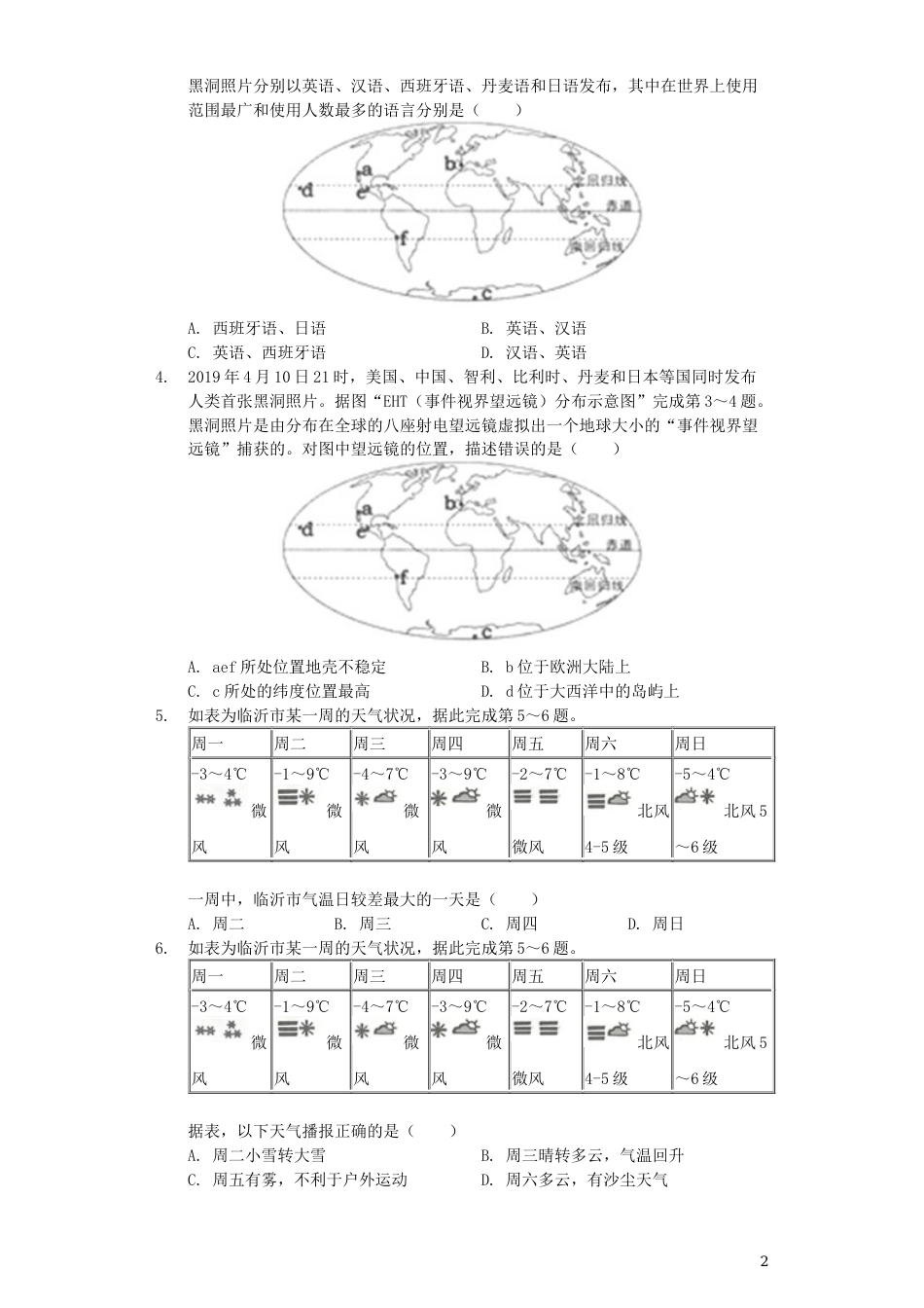 山东省临沂市2019年中考地理真题试题（含解析）.docx_第2页