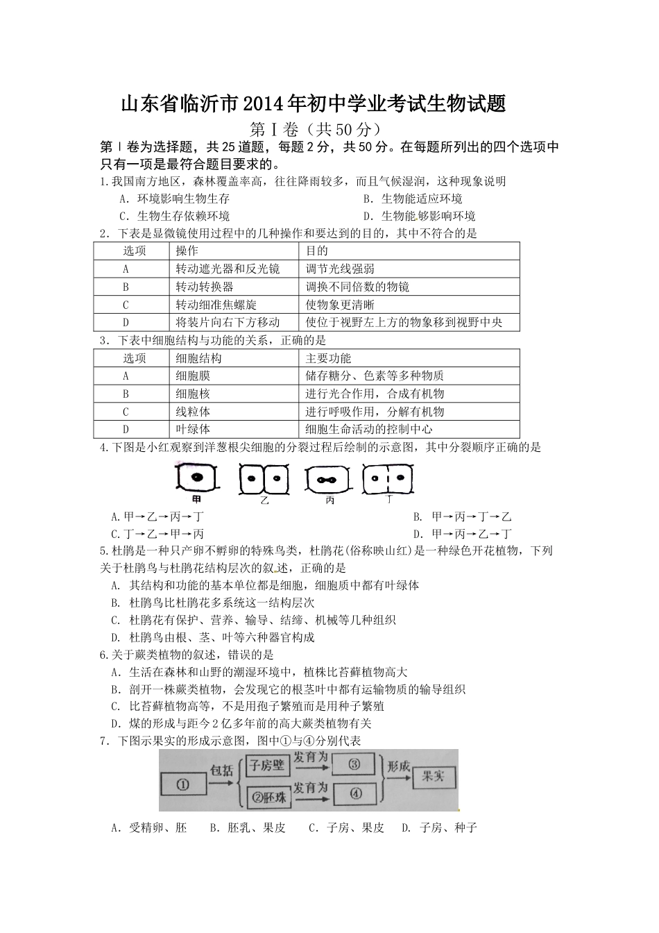 山东省临沂市2014年初中学业考试生物试题.doc_第1页