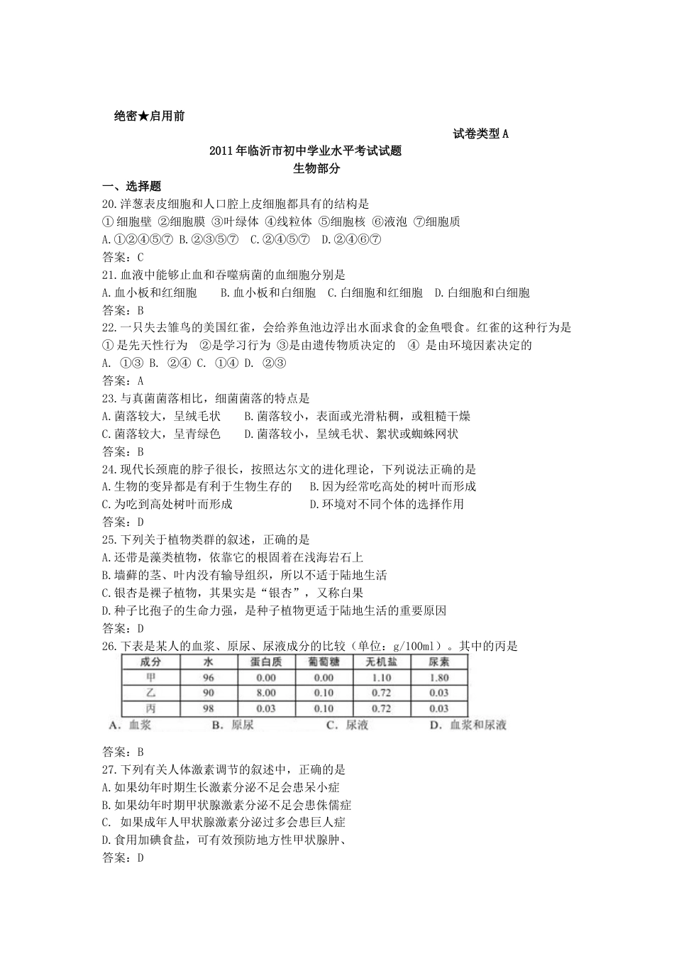 山东省临沂市2011年初中学业考试生物试题.docx_第1页