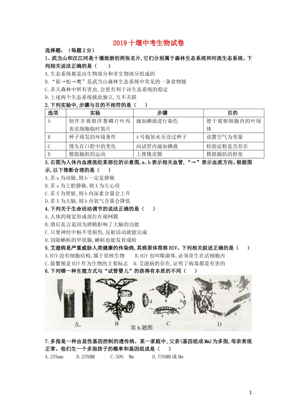 湖北省十堰市2019年中考生物真题试题.doc_第1页