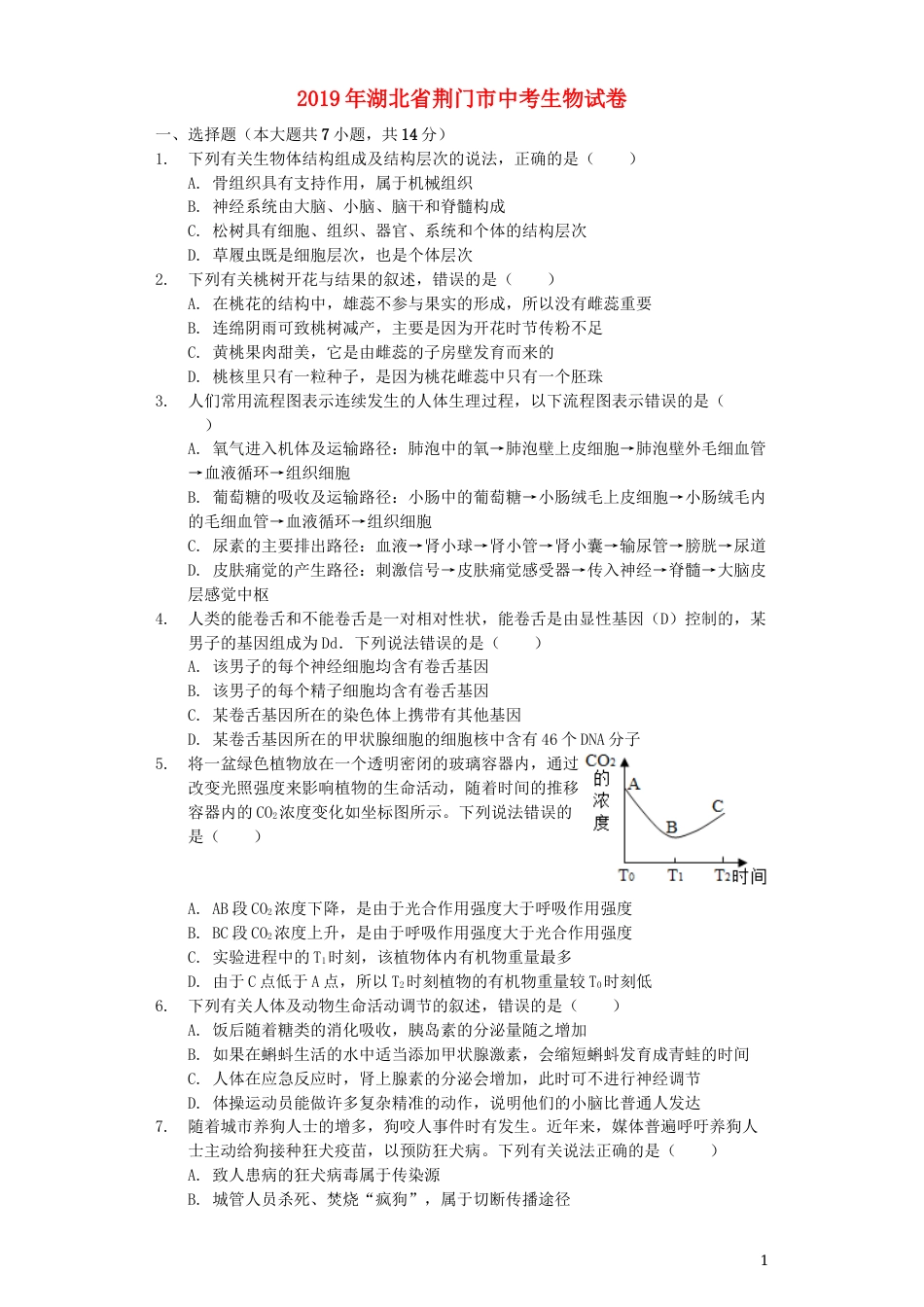湖北省荆门市2019年中考生物真题试题（含解析）.docx_第1页