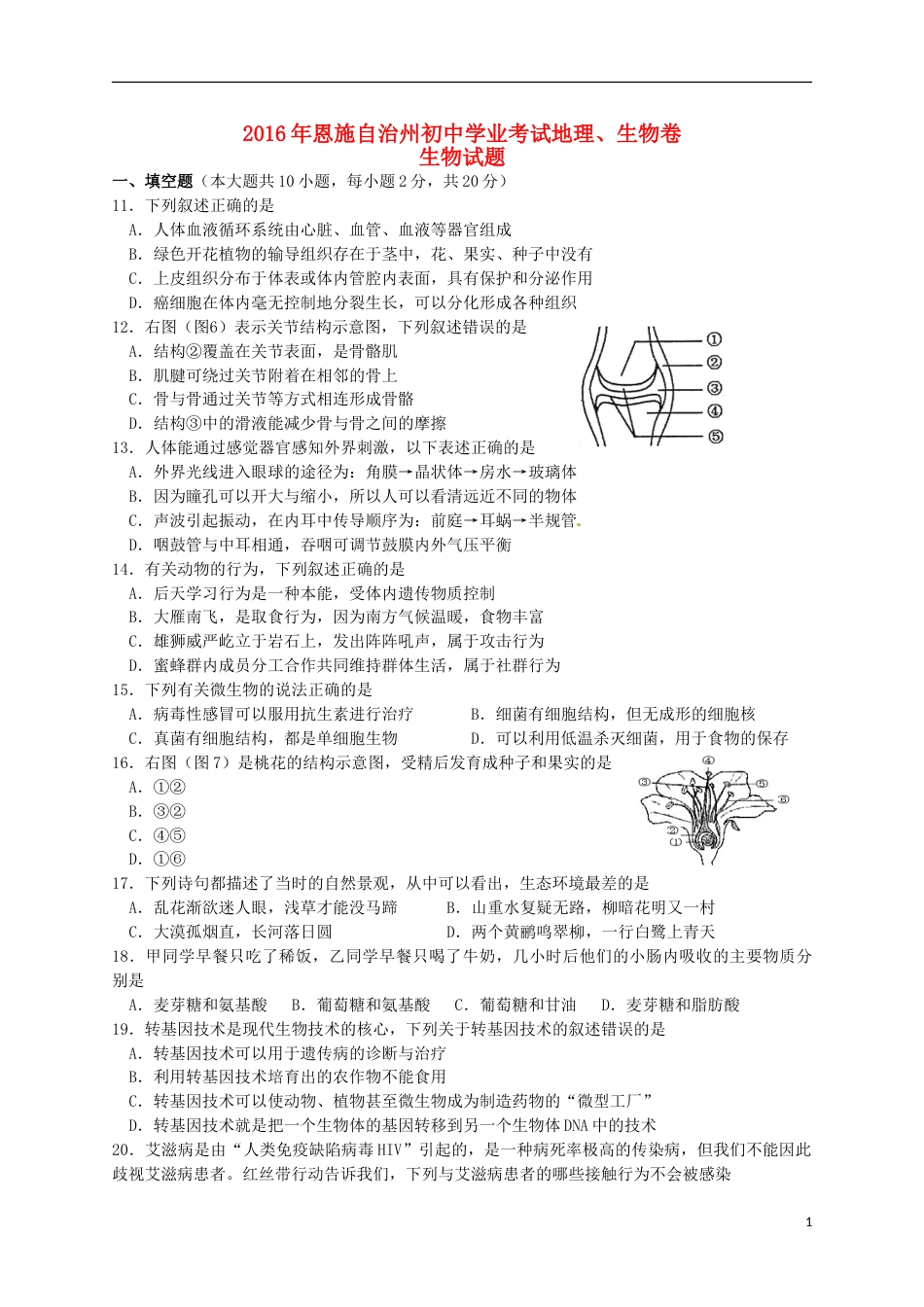 湖北省恩施州2016年中考生物真题试题（含答案）.doc_第1页