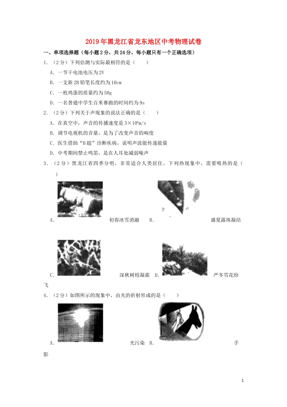 黑龙江省龙东地区2019年中考物理真题试题（含解析）.doc_第1页