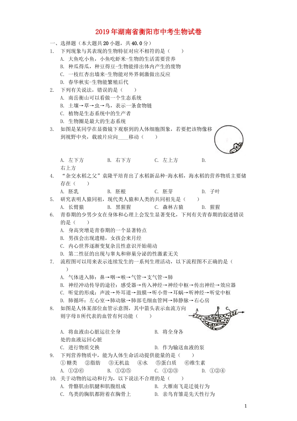 湖南省衡阳市2019年中考生物真题试题（含解析）.docx_第1页