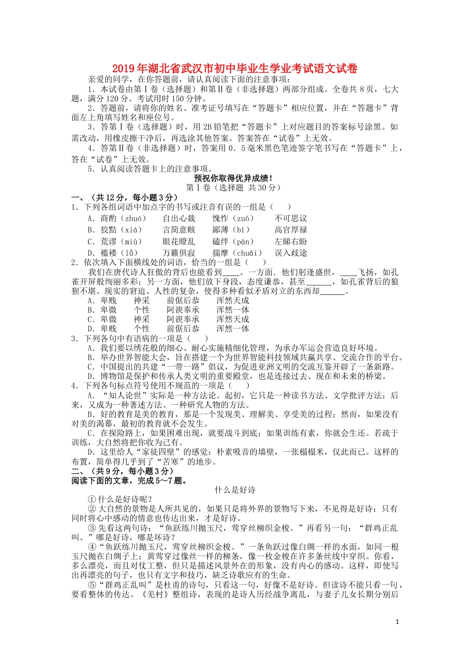 湖北省武汉市2019年中考语文真题试题.docx_第1页
