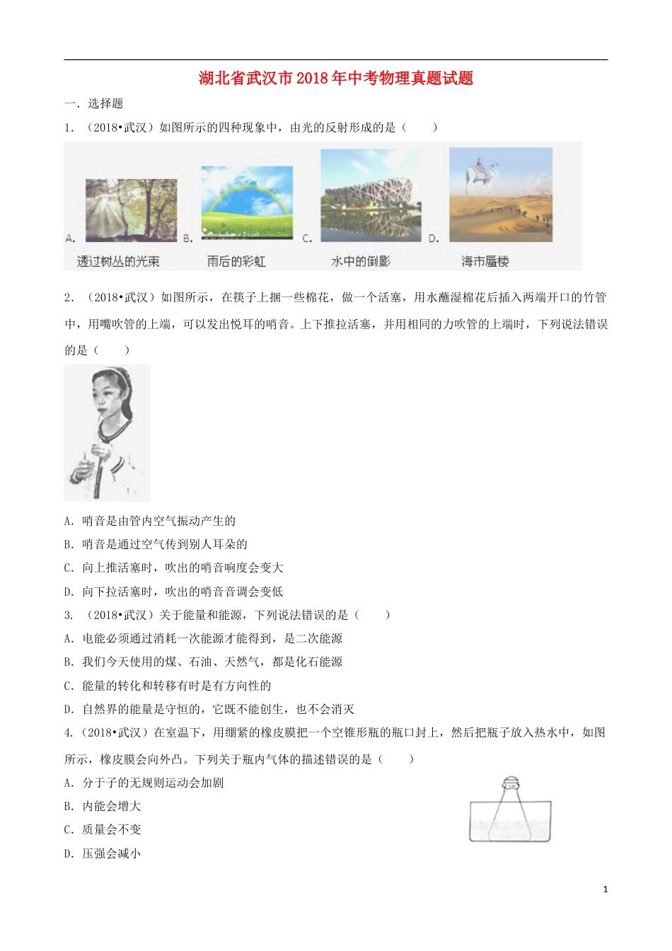 湖北省武汉市2018年中考物理真题试题（含解析）.doc_第1页