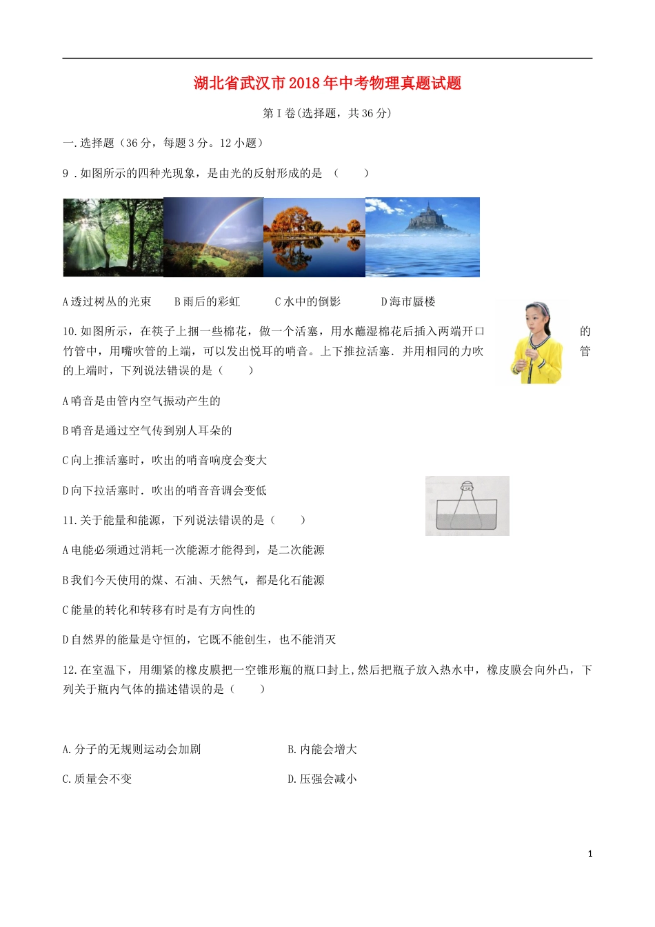 湖北省武汉市2018年中考物理真题试题（含答案）.doc_第1页