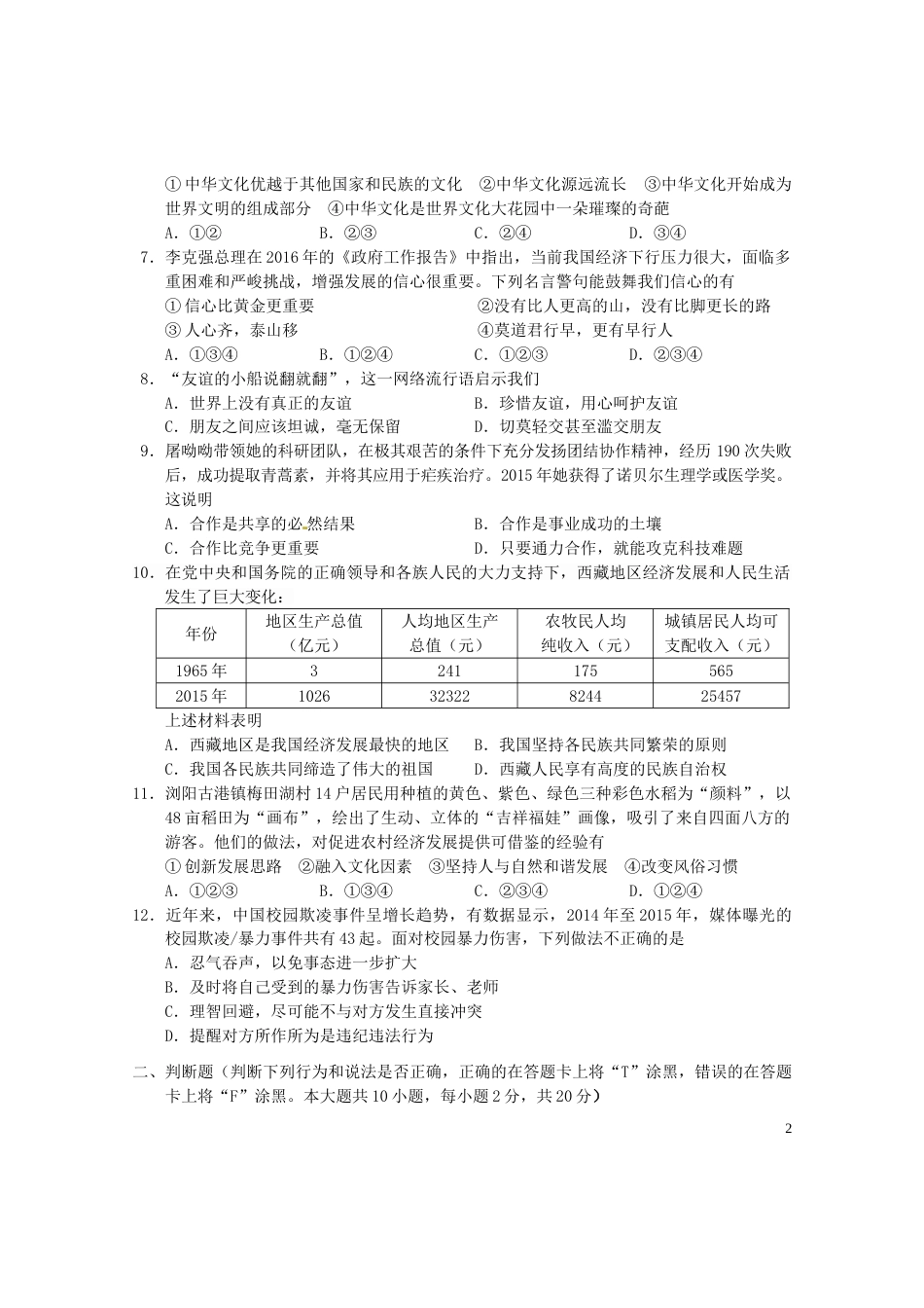 湖南省长沙市2016年中考文综（政治部分）真题试题（含扫描答案）.doc_第2页