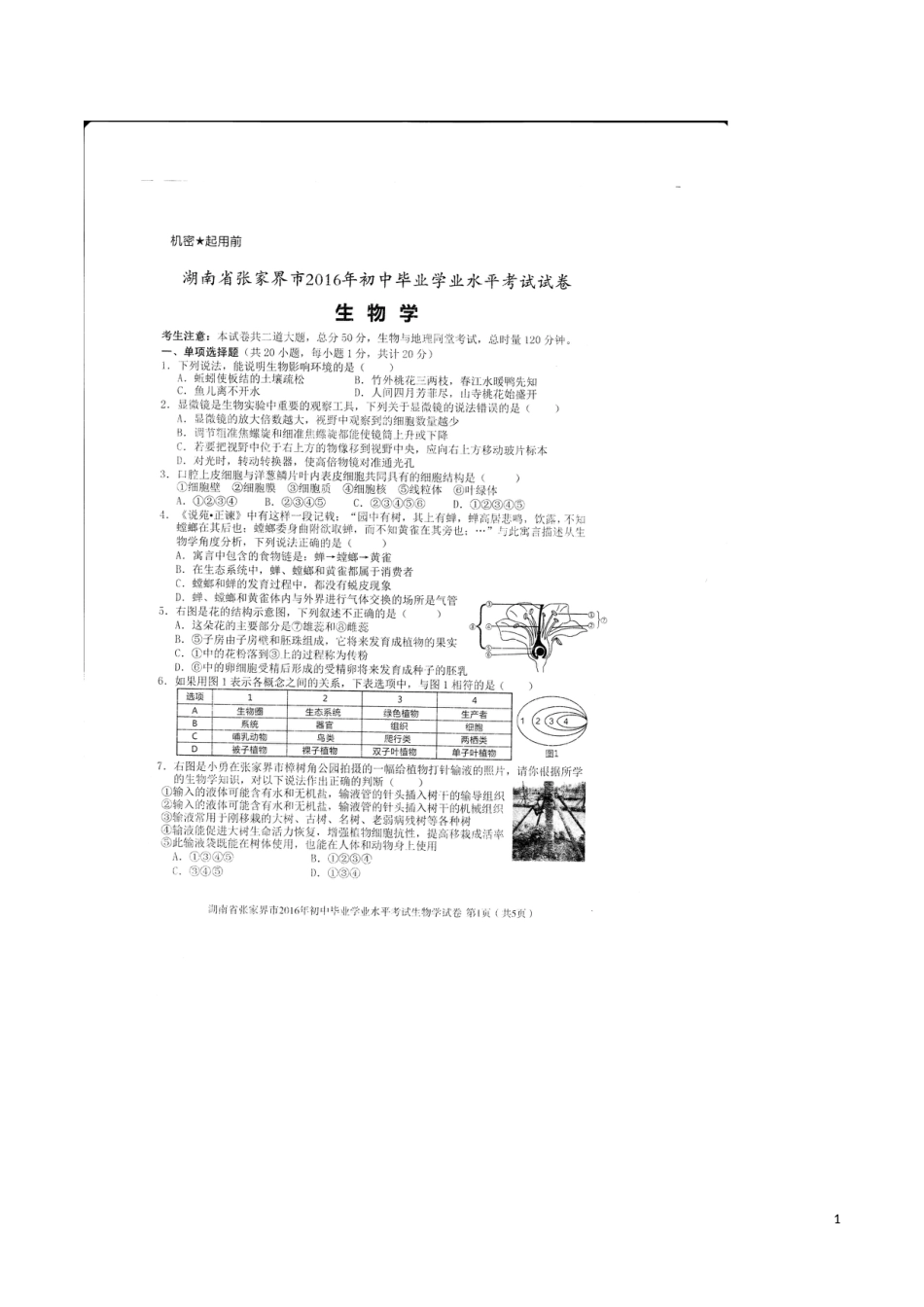湖南省张家界市2016年中考生物真题试题（扫描版，含答案）.doc_第1页