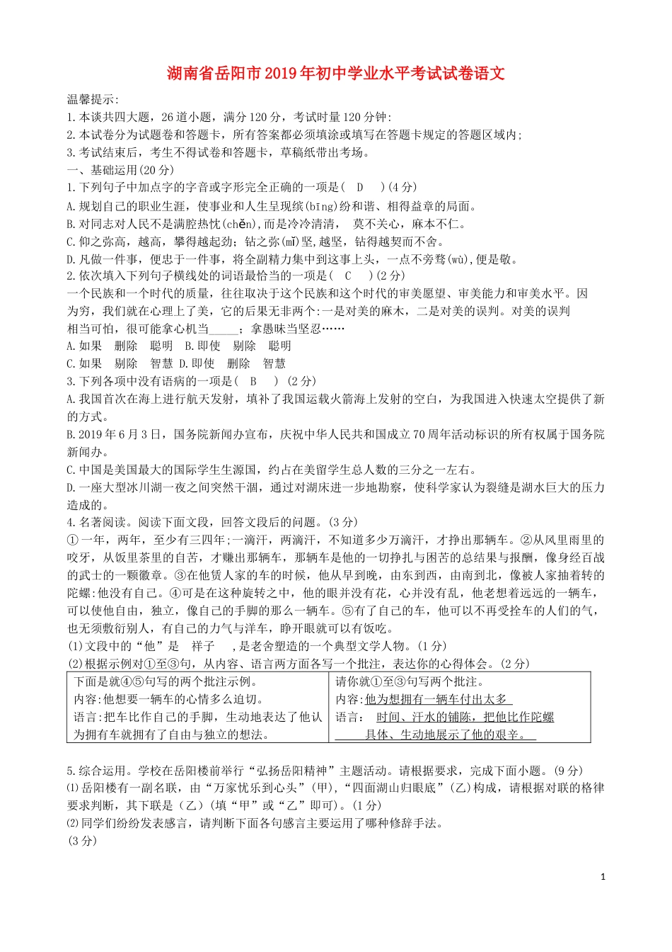 湖南省岳阳市2019年中考语文真题试题.docx_第1页
