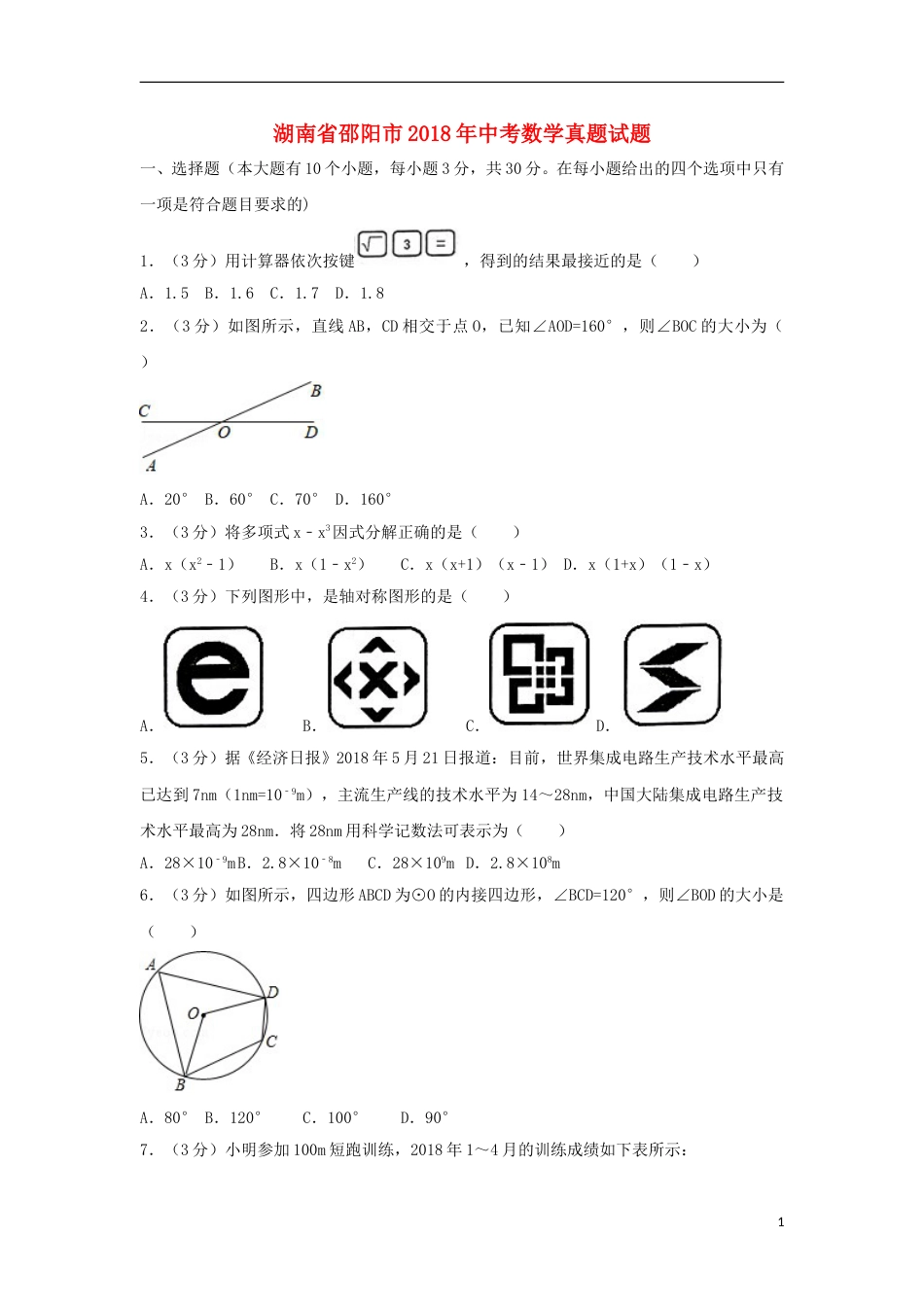 湖南省邵阳市2018年中考数学真题试题（含解析）.doc_第1页