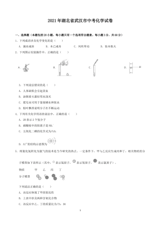 2021年武汉市中考化学试卷及答案.docx