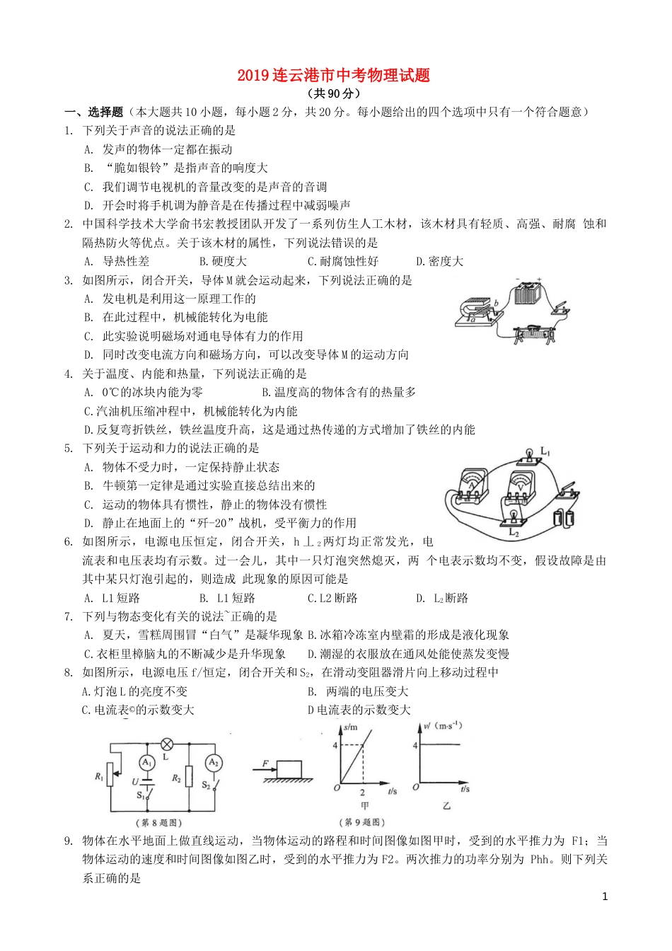 江苏省连云港市2019年中考物理真题试题.docx_第1页