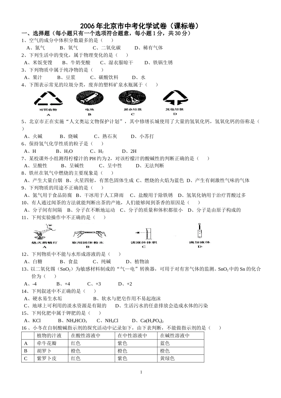 北京市2006年度中考化学真题与答案.doc_第1页
