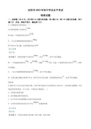 2022年辽宁省沈阳市中考物理试题（解析版）.docx