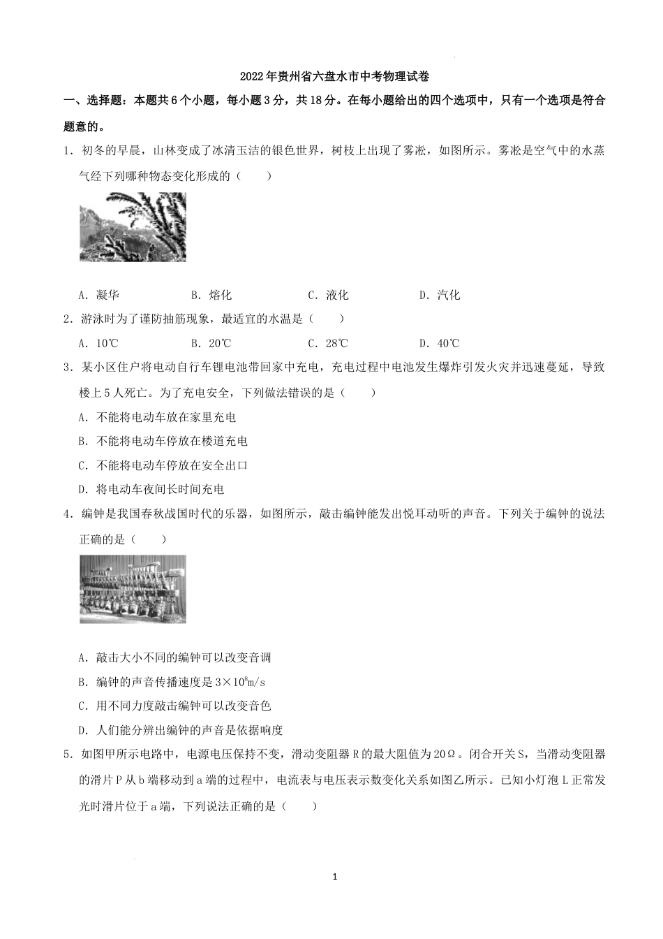 2022年贵州省六盘水市中考物理真题及答案.docx_第1页