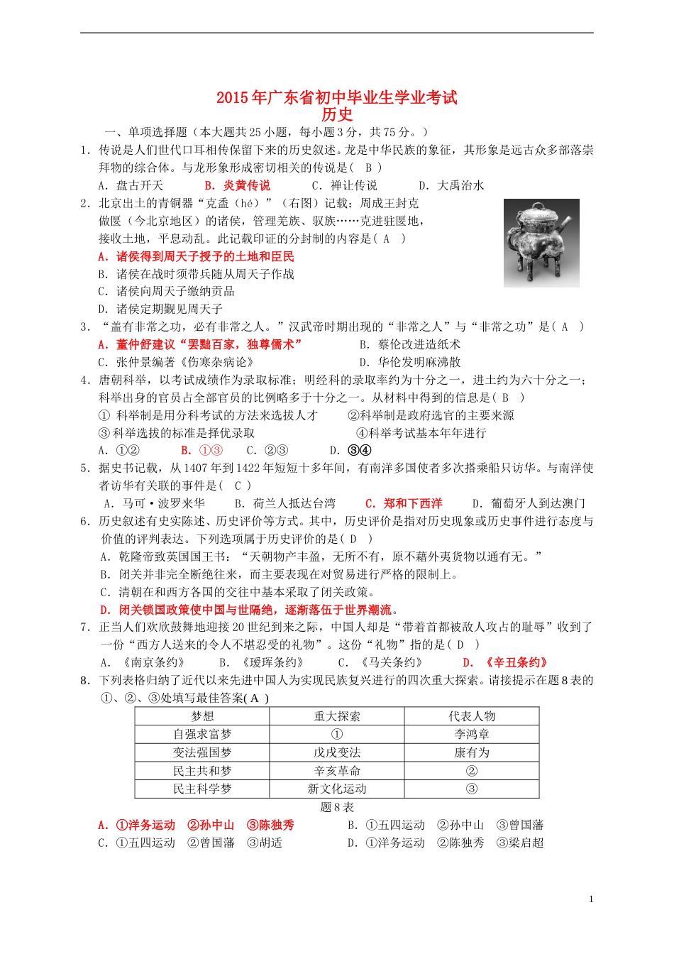 广东省2015年中考历史真题试题（含答案）.doc_第1页