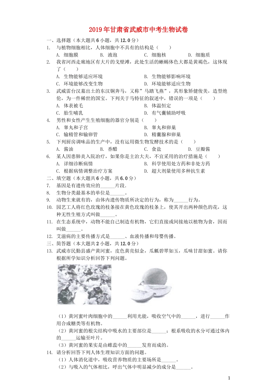 甘肃省武威市2019年中考生物真题试题（含解析）.docx_第1页