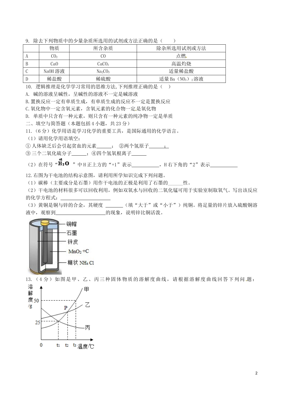 甘肃省武威市、白银市、定西市、平凉市、酒泉市、临夏州2016年中考理综（化学部分）真.DOC_第2页