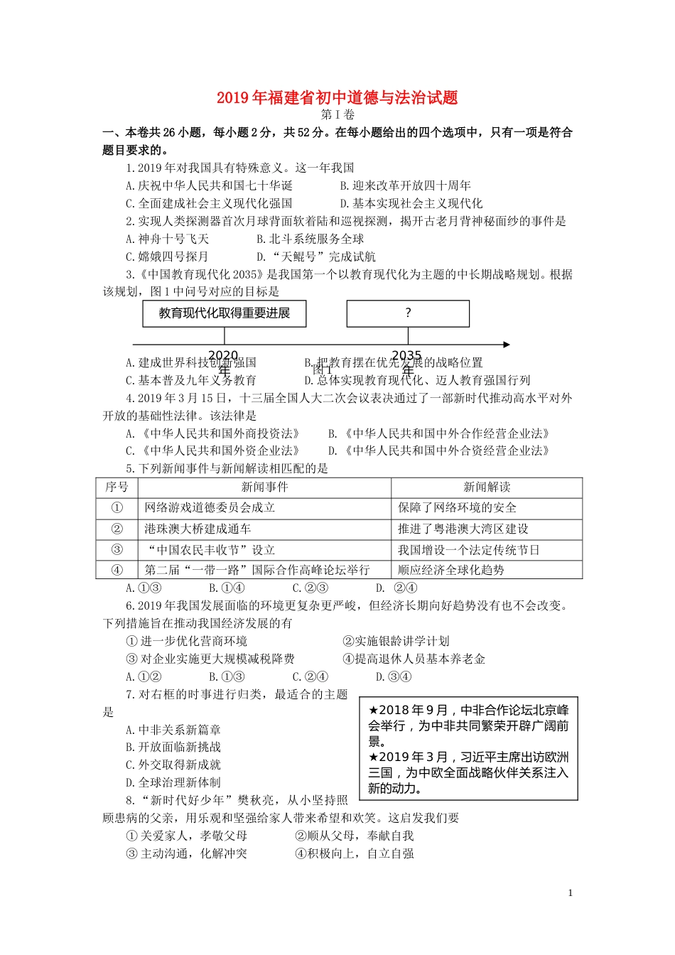福建省2019年中考道德与法治真题试题.doc_第1页