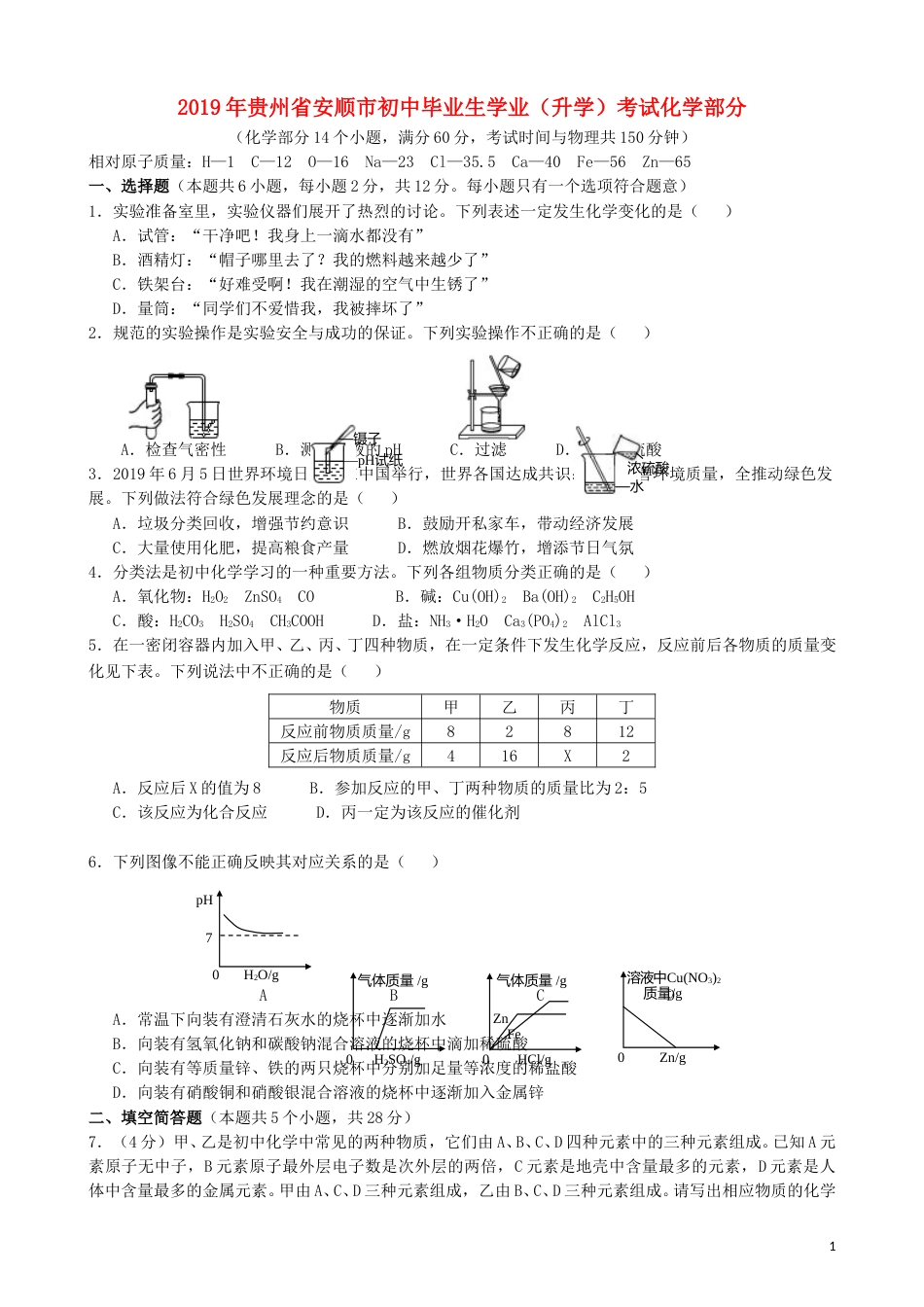 贵州省安顺市2019年中考化学真题试题（含解析）.doc_第1页