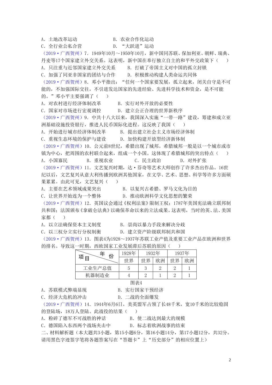 广西贺州市2019年中考历史真题试题.doc_第2页