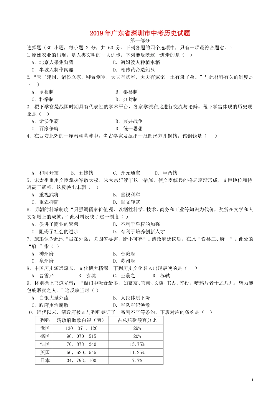 广东省深圳市2019年中考历史真题试题.doc_第1页