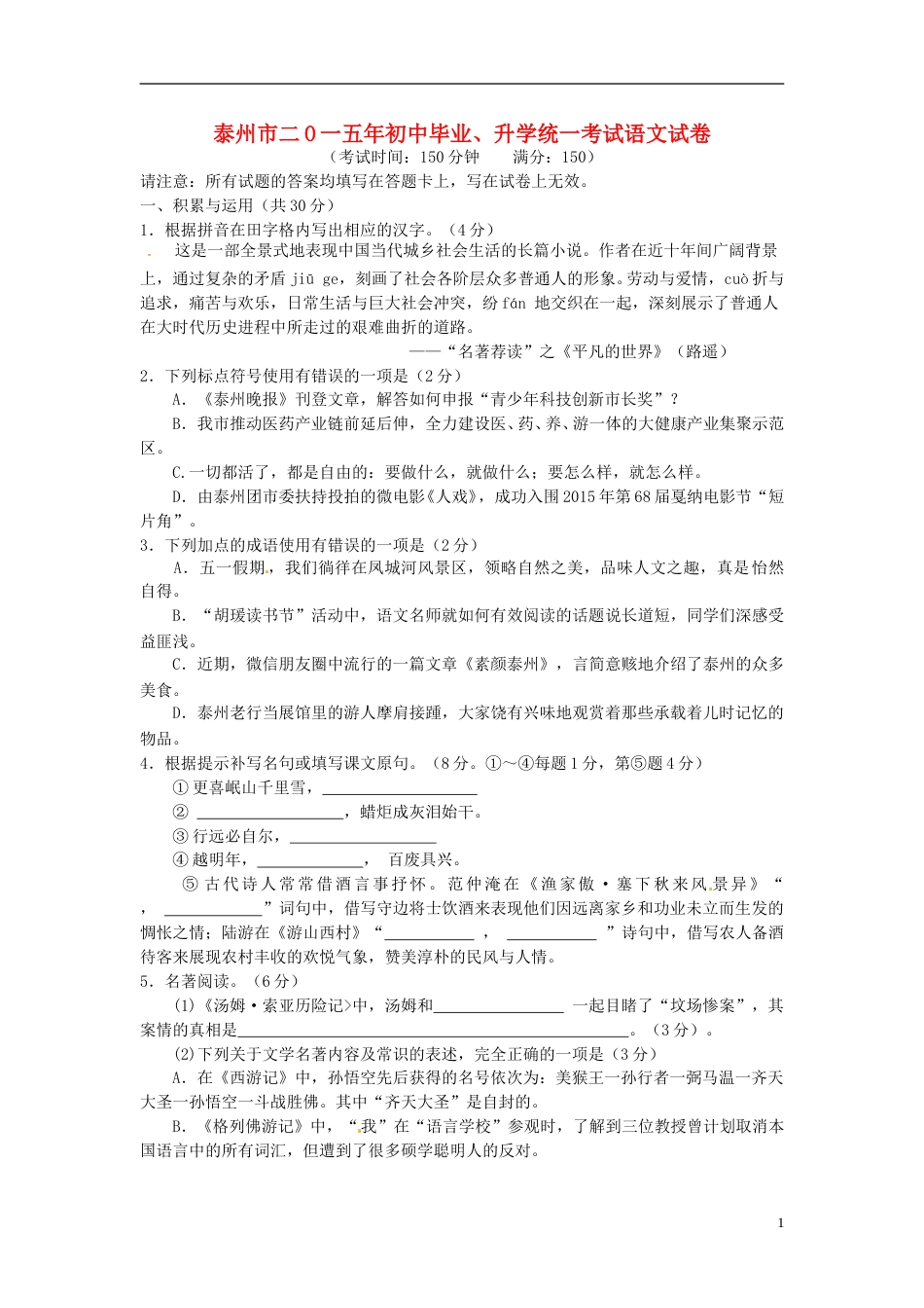 江苏省泰州市2015年中考语文真题试题（含解析）.doc_第1页