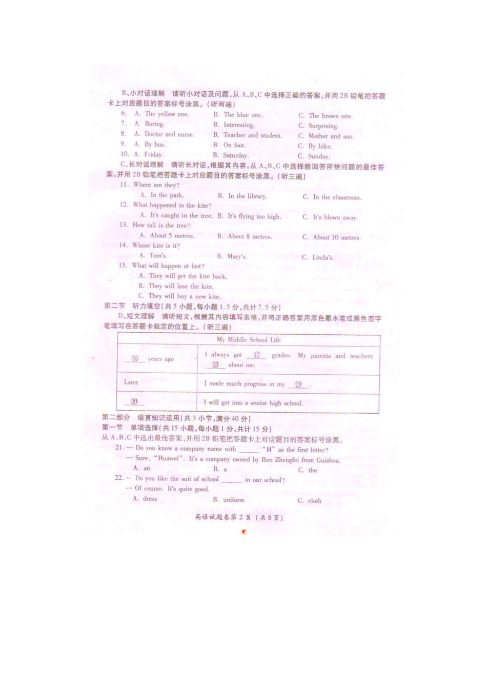 贵州省遵义市2016年中考英语真题试题（pdf，含答案）.pdf_第2页