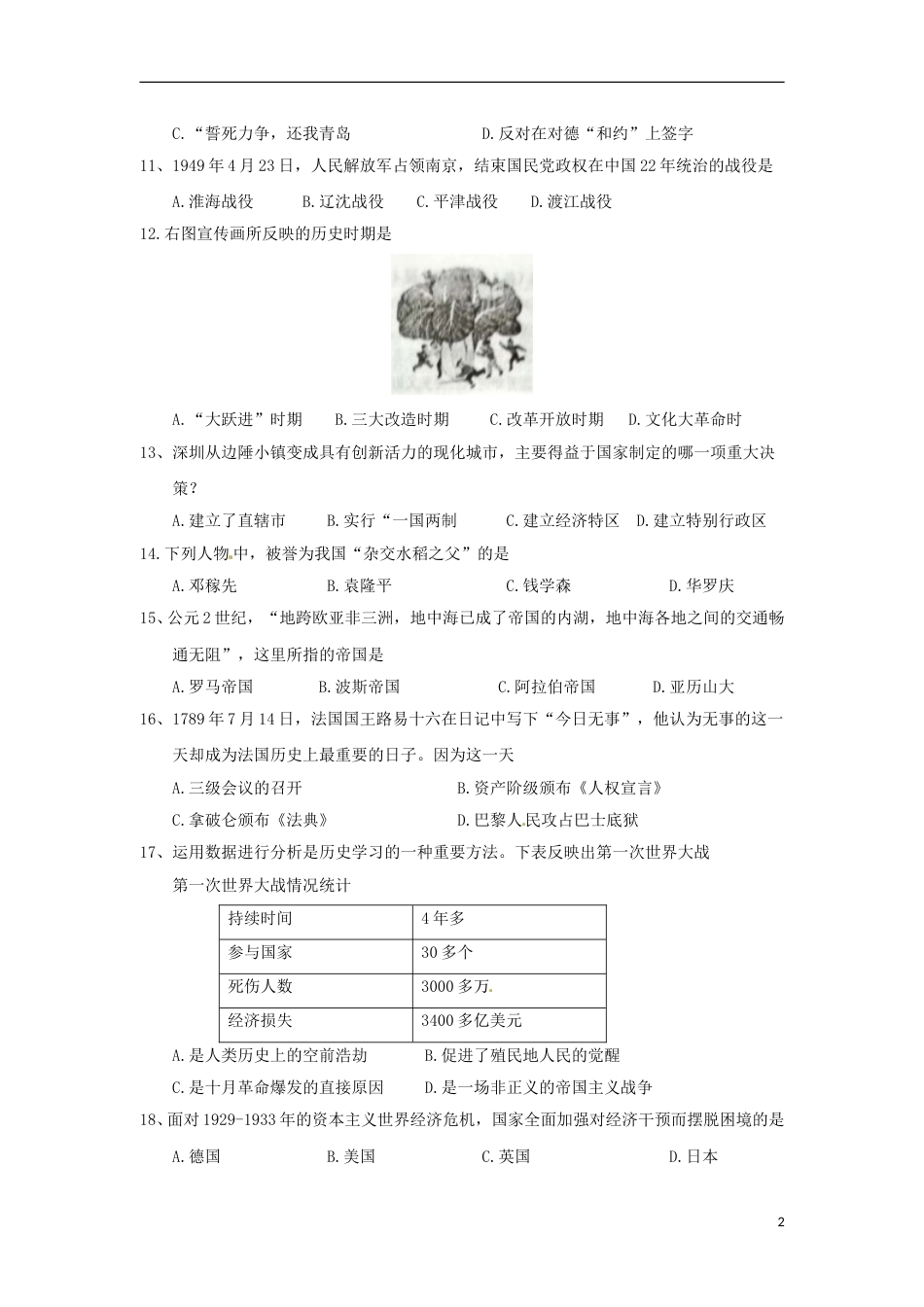 贵州省黔西南州、黔东南州、黔南州2018年中考文综（历史部分）真题试题（含答案）.doc_第2页