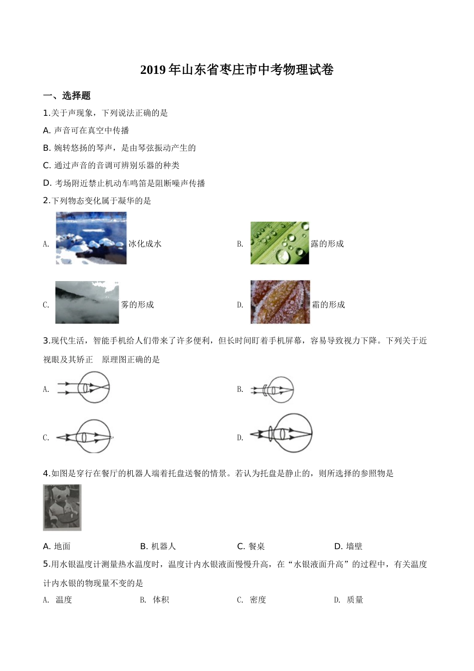 精品解析：2019年山东省枣庄市中考物理试题（原卷版）.doc_第1页