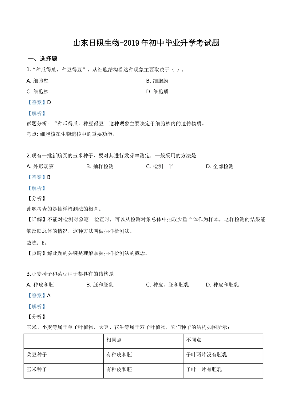 精品解析：2019年山东日照中考生物试题（解析版）.doc_第1页