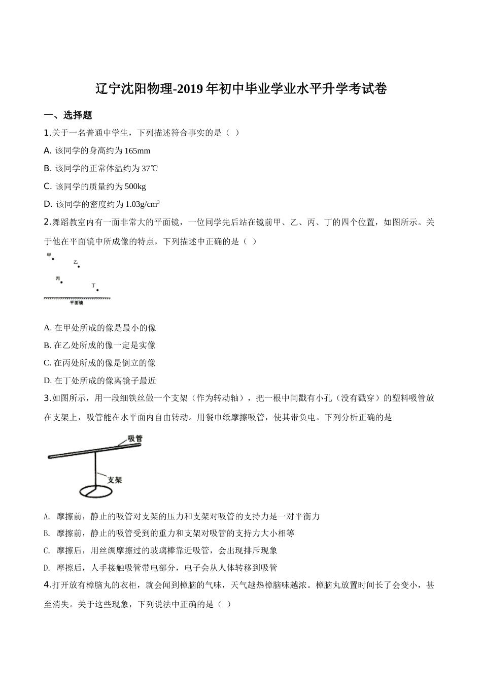 精品解析：2019年辽宁省沈阳市中考物理试题（原卷版）.doc_第1页