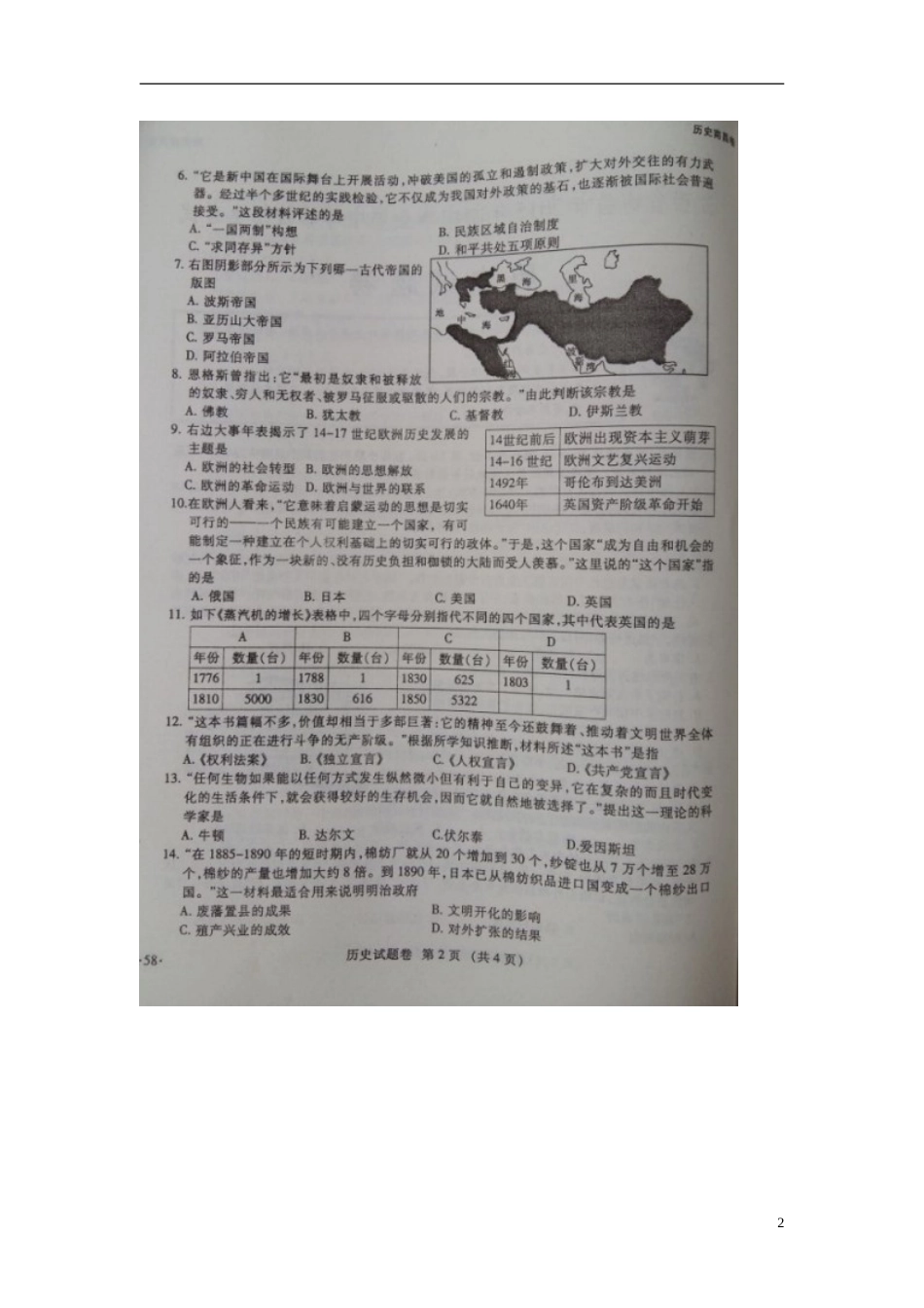 江西省南昌市2015年中考历史真题试题（扫描版，含答案）.doc_第2页