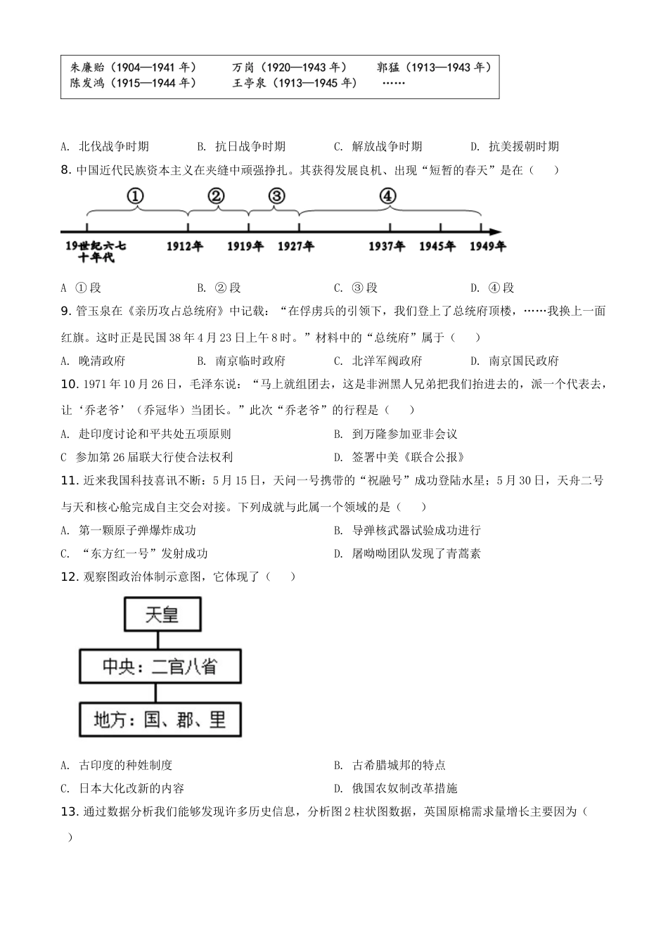 江苏省盐城市2021年中考历史试题（原卷版）.doc_第2页