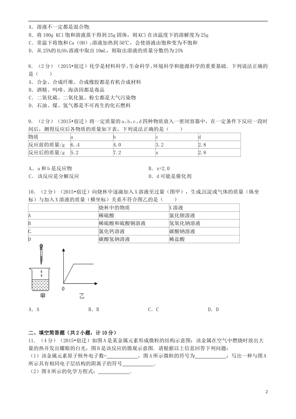 江苏省宿迁市2015年中考化学真题试题（含答案）.doc_第2页