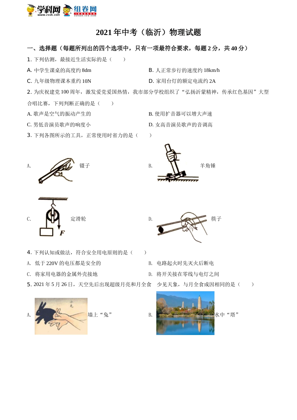 精品解析：2021年山东省临沂市中考物理真题（原卷版）.doc_第1页
