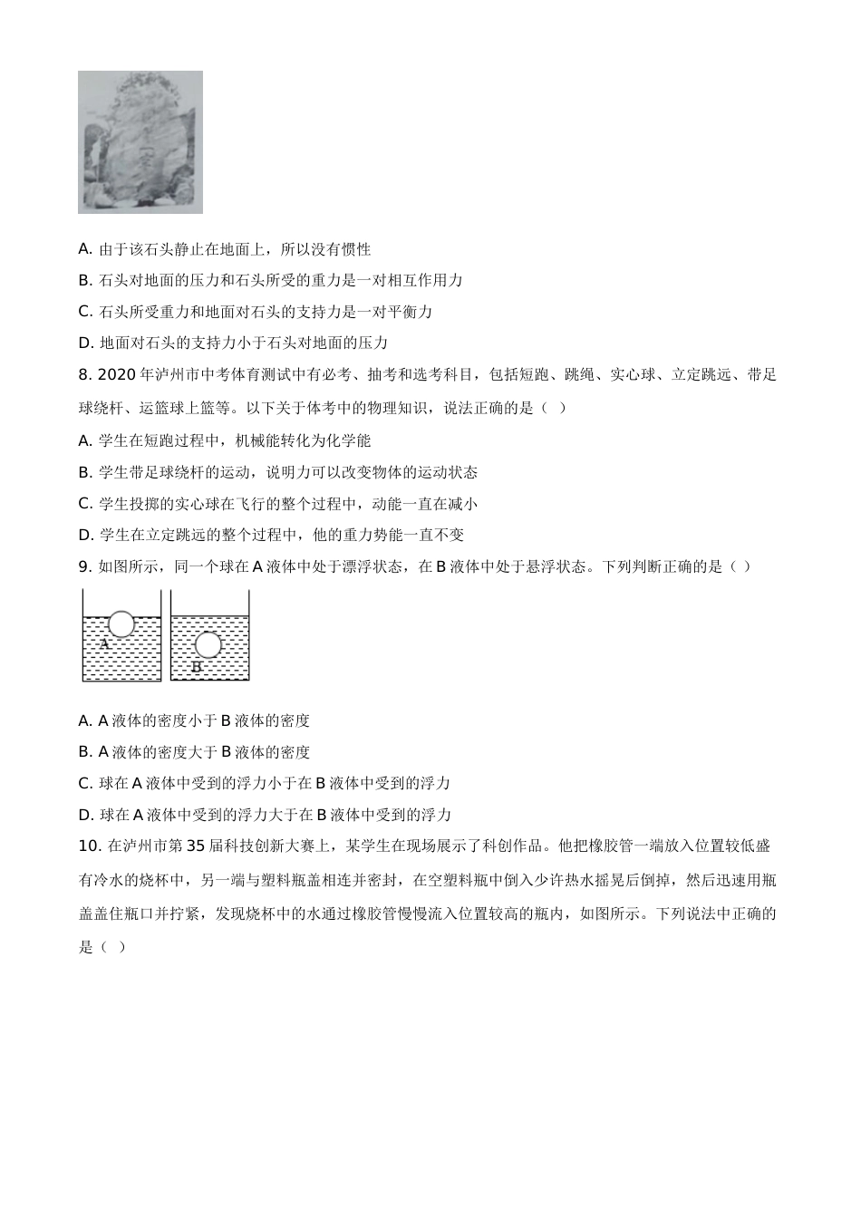 精品解析：2020年四川省泸州市中考物理试题（原卷版）(1).doc_第3页
